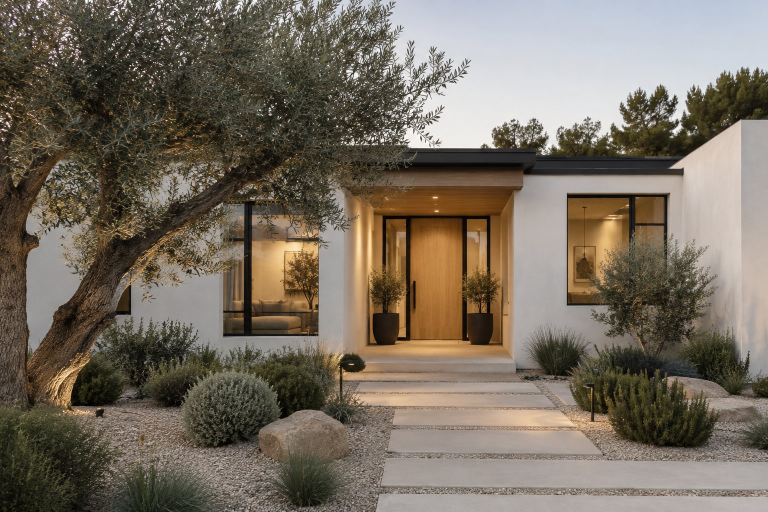 Illustrative white stucco home with oak entrance and olive landscaping